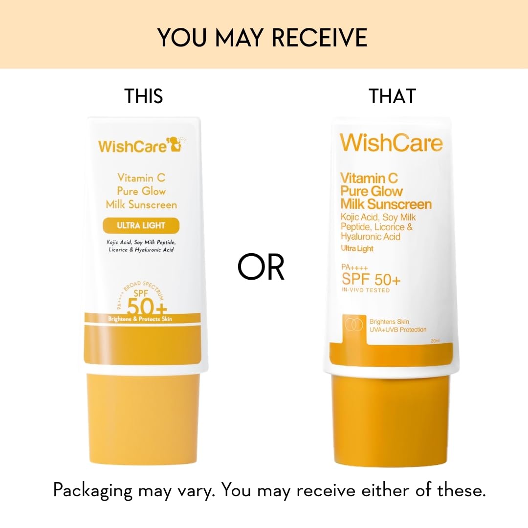 WishCare Vitamin C Pure Glow Milk Sunscreen with SPF 50 PA++++ In-Vivo Tested | Glowing Skin with Broad Spectrum Protection | Ultra Lightweight, Oil Free & No White Cast | For All Skin Types | 30ml