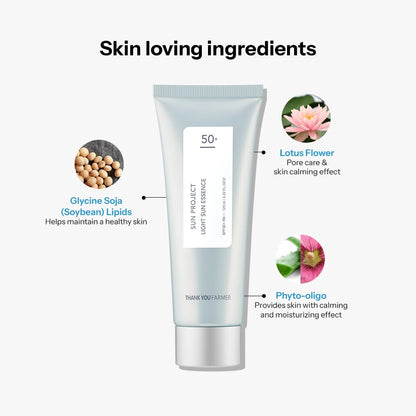 THANKYOU FARMER Sun Project Light Sun Essence SPF50+ PA+++ (120 ML) Korean Sunscreen Essence, Hydrating, Lightweight, No White Cast, UV Protection, Soothes & Moisturises for All Skin Types