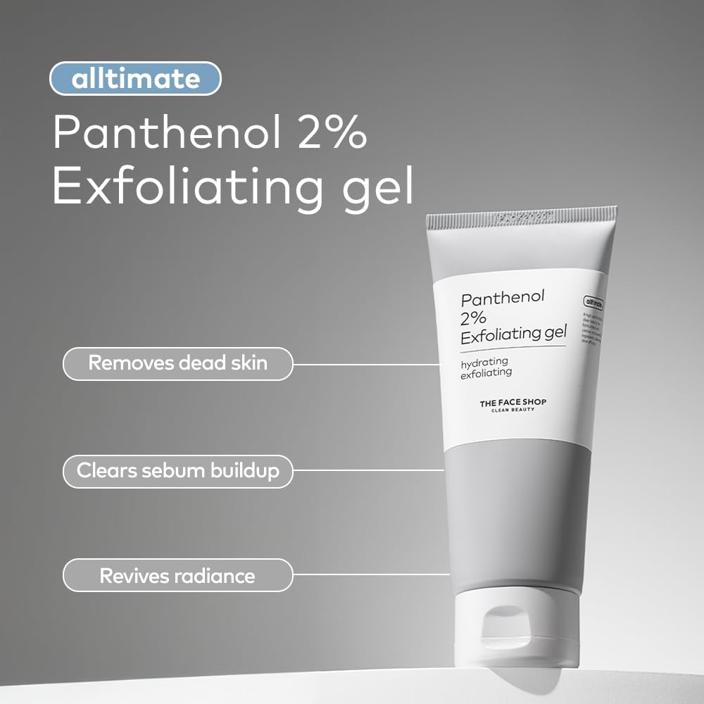 Panthenol 2% Exfoliating gel tube with branding and product features on a gray background