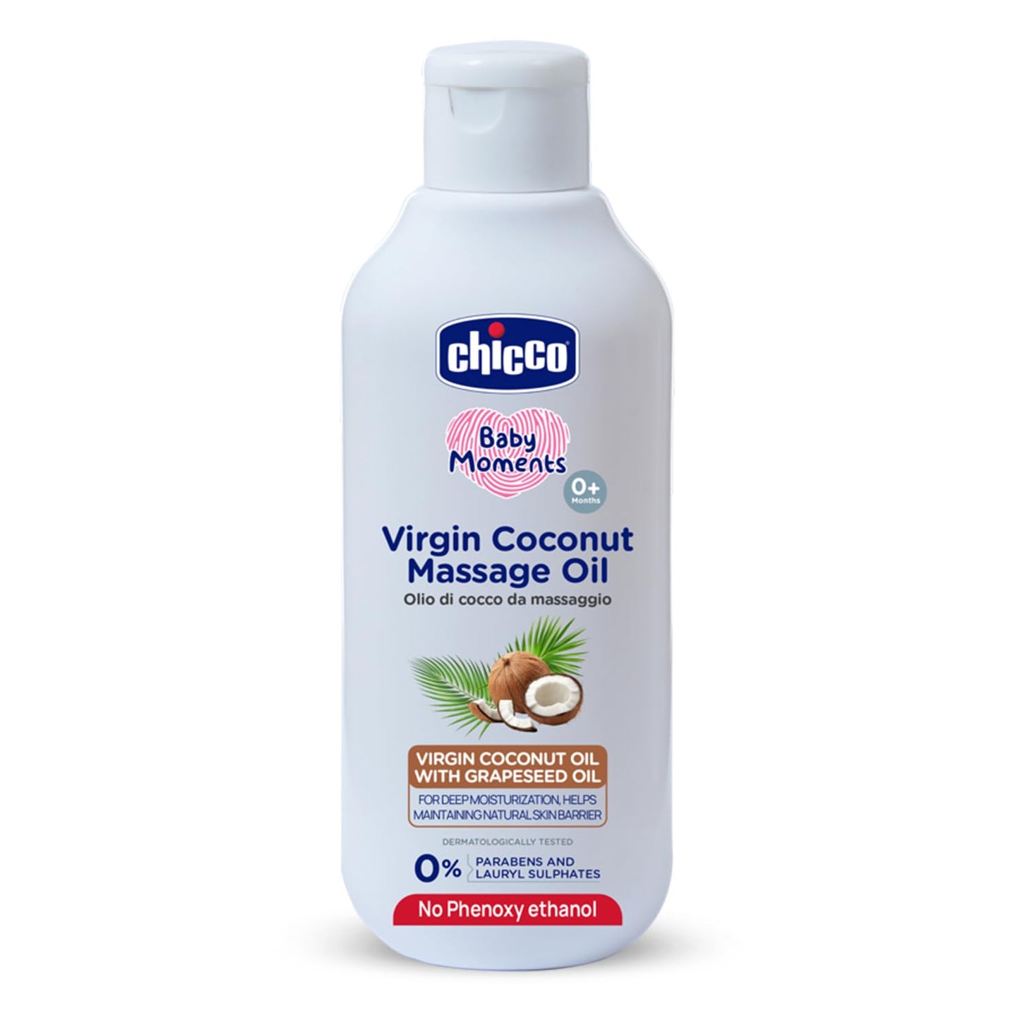 Chicco Baby Moments Virgin Coconut Massage Oil 200 ml | Deep Moisturization, Maintains Natural Skin Barrier | Dermatologically Tested | Paraben & Phenoxyethanol Free