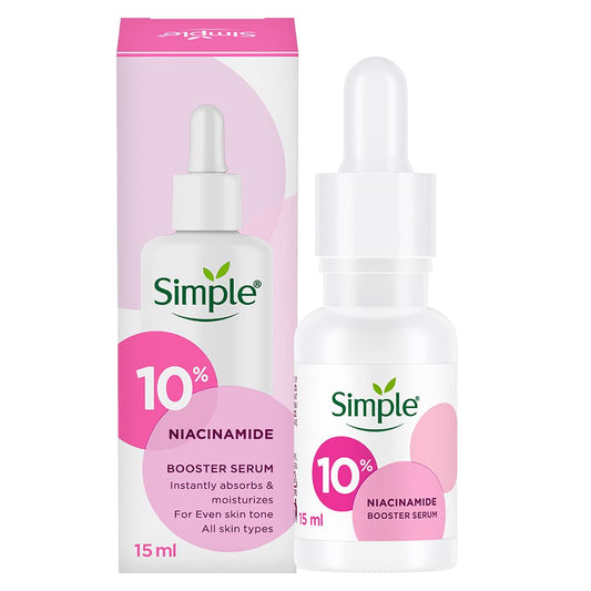 Simple 10% Niacinamide Booster Serum with packaging on a white background