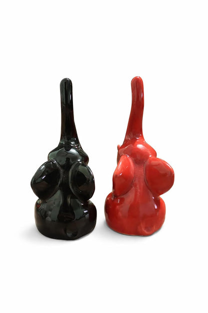 Ceramic Elephant Figurines, Set of 2, Black and Red, Glossy Finish, Trunk Up, Home Decor Sculptures