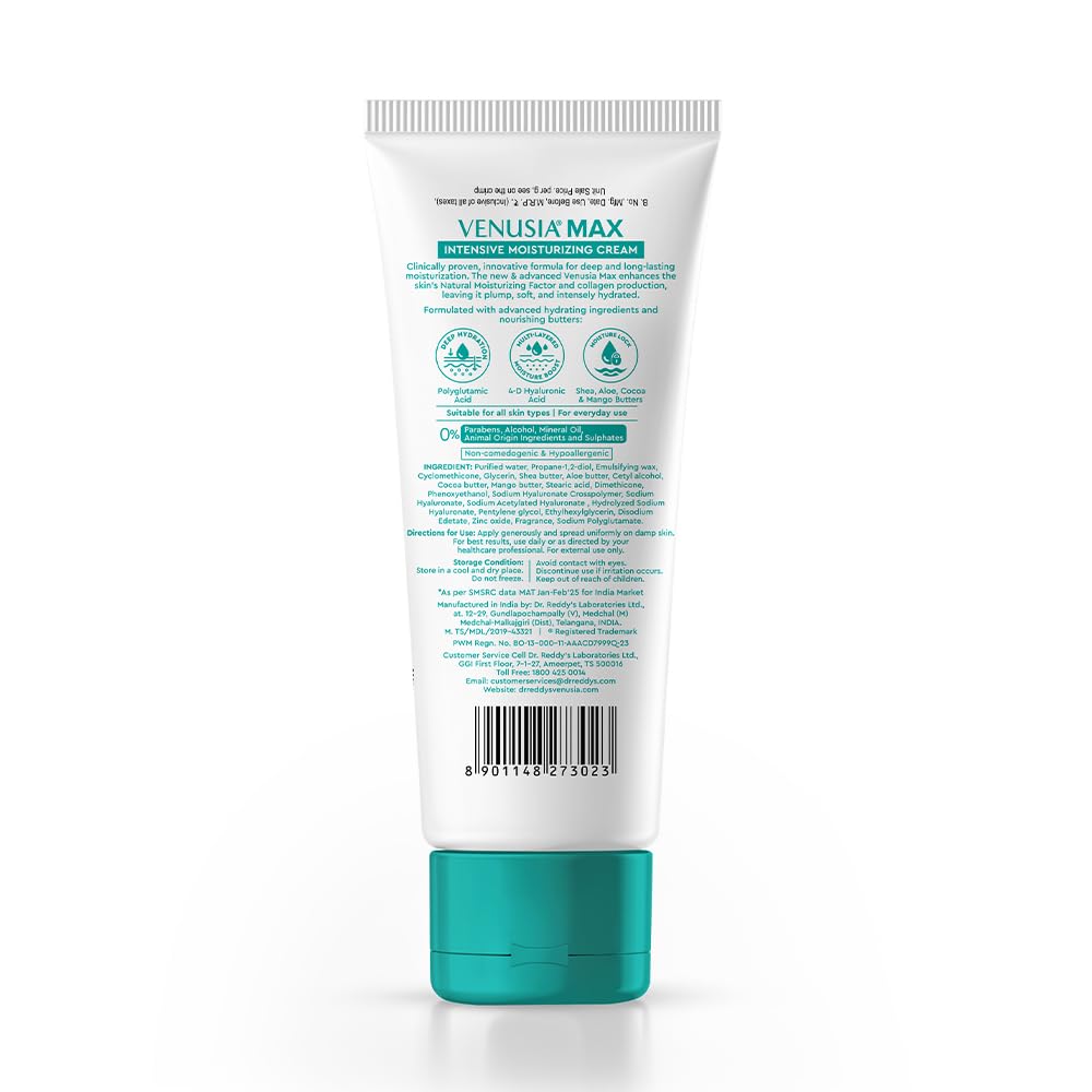 VENUSIA Dr. Reddy's Max Cream | Dermatologist Rec. for Dry to Very Dry Skin | Clinically Proven 24 hrs Moisturization | Paraben Free | Face & Body | Cocoa, Mango & Aloe Butter | 75g