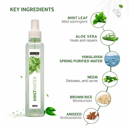 Mint water spray bottle with key ingredients listed on a white background