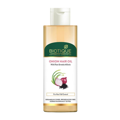 Biotique Onion Hair Oil bottle on a white background