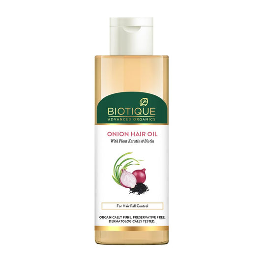 Biotique Onion Hair Oil bottle on a white background
