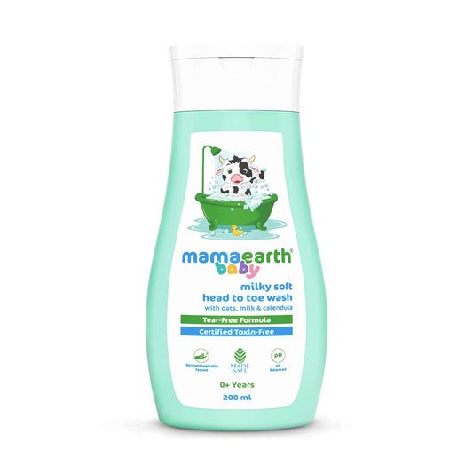 Mamaearth baby milky soft head to toe wash bottle on a white background