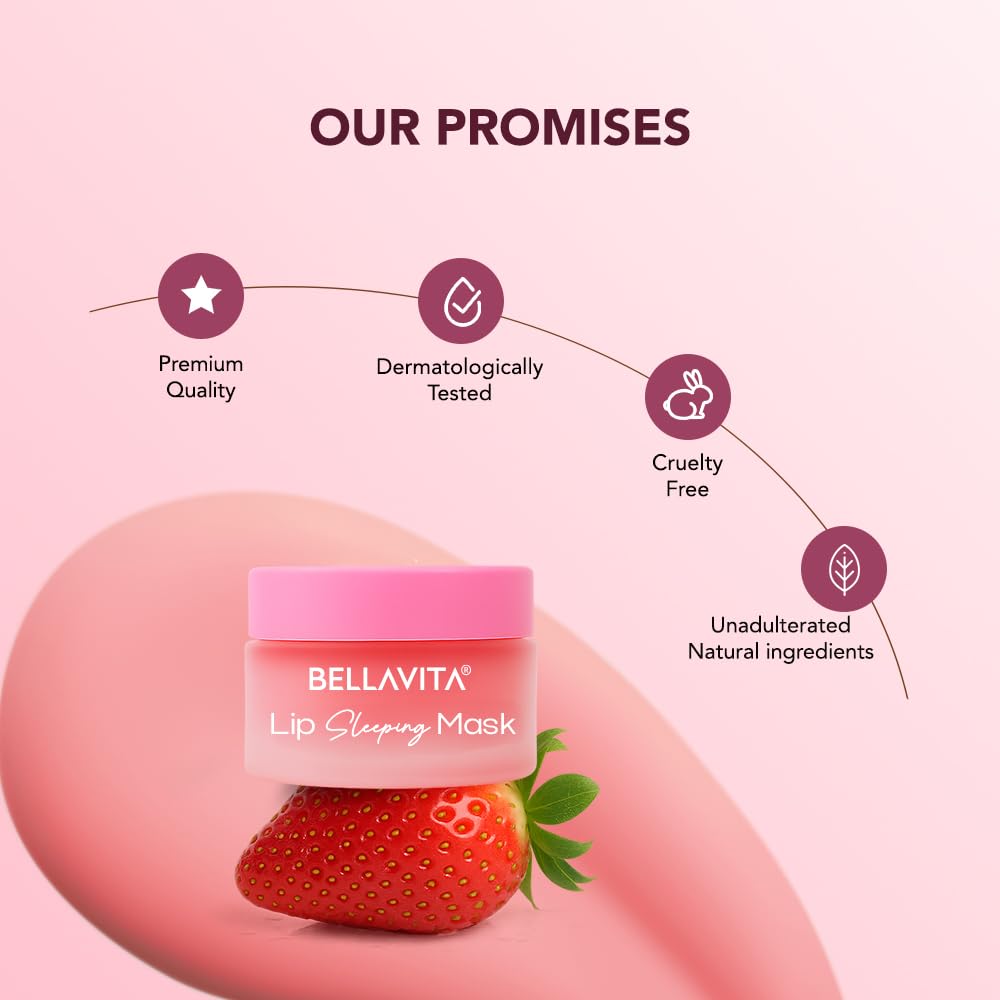 Bellavita lip sleeping mask with strawberry on a pink background, featuring promises of premium quality, dermatologically tested, cruelty-free, and natural ingredients.