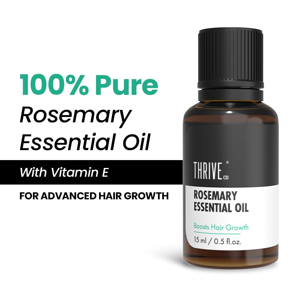 Bottle of Thrive Co. Rosemary Essential Oil with Vitamin E on a white background