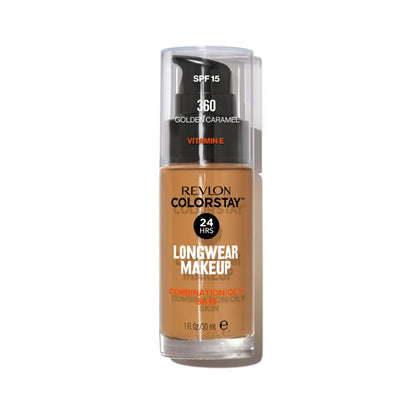 Revlon Liquid Foundation, ColorStay Face Makeup for Combination & Oily Skin, SPF 15, Longwear Medium-Full Coverage with Matte Finish, Golden Caramel, 1 Fl Oz