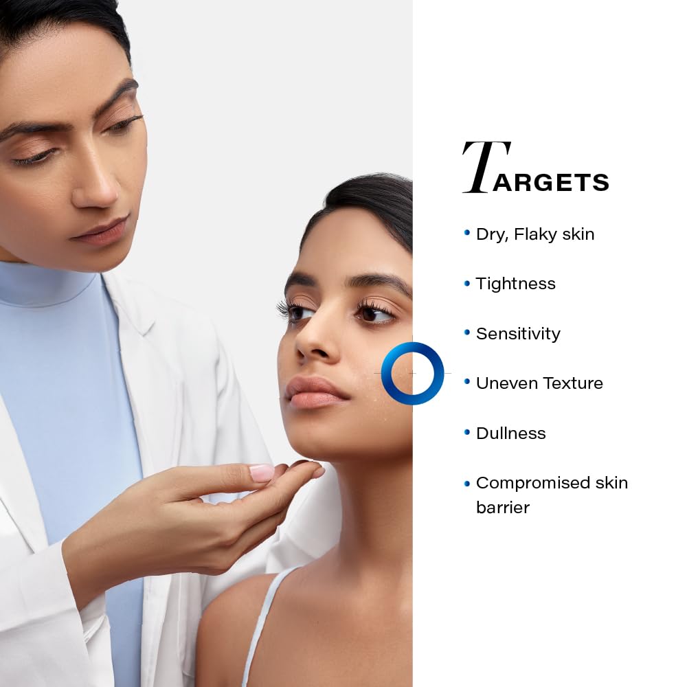 Woman receiving skincare consultation with a doctor, showing skin conditions targeted by the product.
