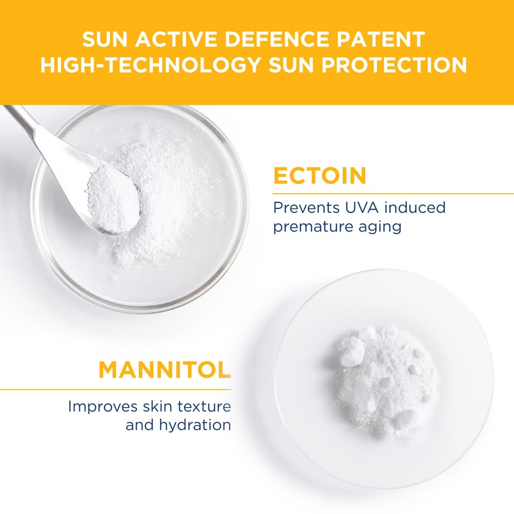 Glass dish with white powder and text about sun protection ingredients on a yellow background