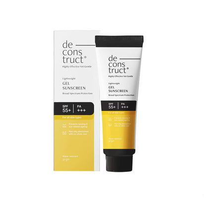 Tube and packaging of de construct sunscreen on a white background