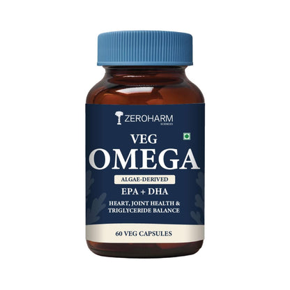 ZEROHARM Veg Omega (EPA 15% + DHA 25%) Capsules 500mg | Veg Omega Supplement for Men and Women | Supports Eyes, Skin, Muscles, Bones and Joints | Sourced from Algae | 60 Capsules