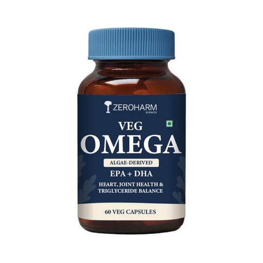 ZEROHARM Veg Omega (EPA 15% + DHA 25%) Capsules 500mg | Veg Omega Supplement for Men and Women | Supports Eyes, Skin, Muscles, Bones and Joints | Sourced from Algae | 60 Capsules