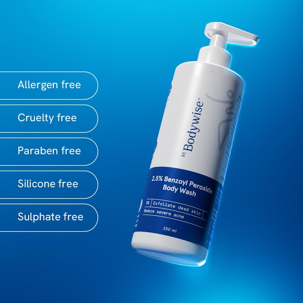 Be Bodywise 2.5% Benzoyl Peroxide Body Wash | Fights Severe Back & Body Acne | Kills Acne Bacteria, Unclogs Pores & Prevents Breakouts | With Aloe Vera & Glycerin | Dermatologist-Tested | 250ml