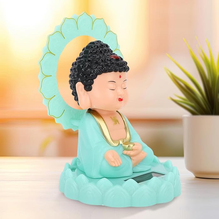 Buddha Statue | Plastic Solar Powered Moving Head Buddha Statue| for Living Room, Car Dashboard, Home, Office Desk, Wealth & Prosperity | Good Luck Cute Buddha (Light Blue Color) (1 Pc)