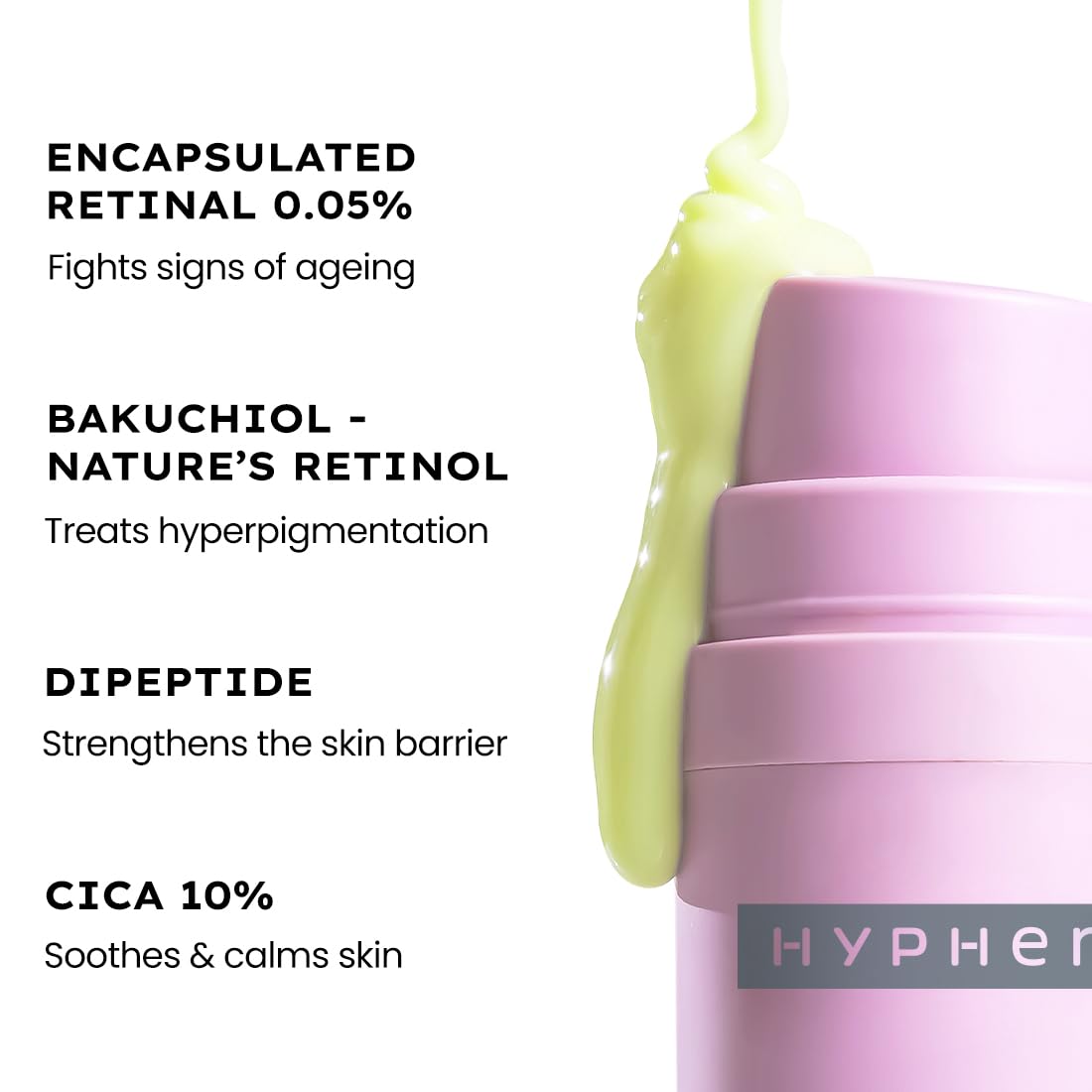 Pink skincare product with text detailing ingredients and benefits on a white background