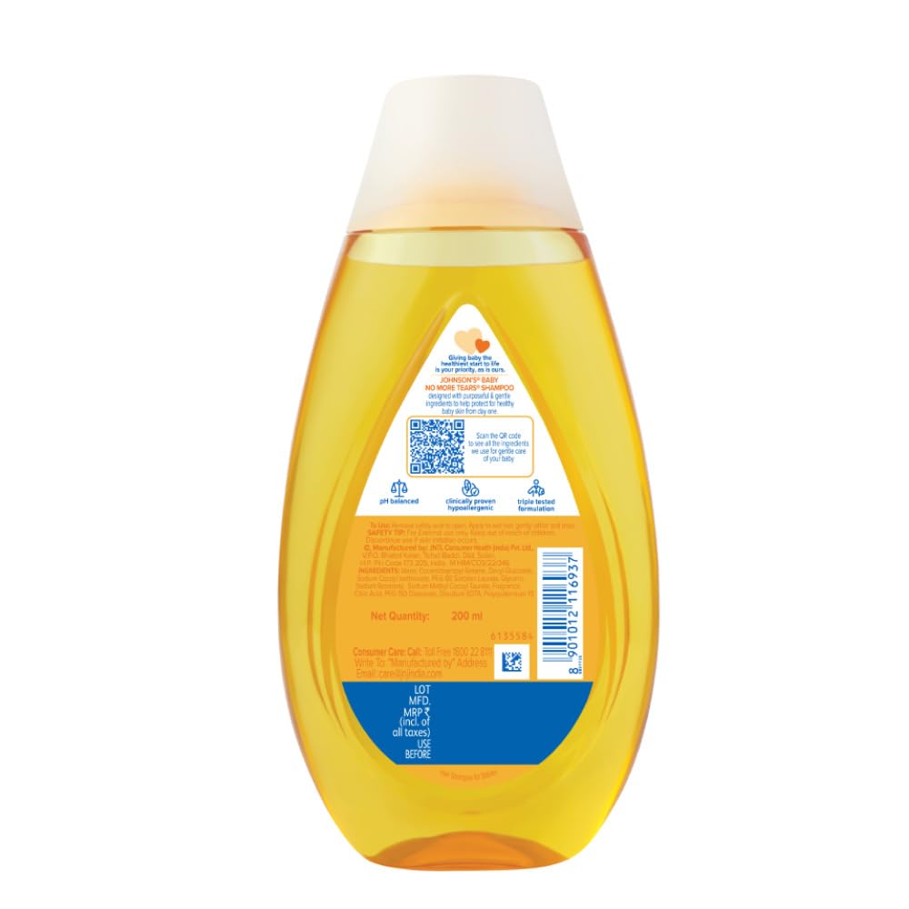 Johnson's Baby No More Tears Baby Shampoo, 200ml | With Aloe & Vitamin B5 | Helps Clean & Protect Baby Hair | No Added Parabens, Dyes, Sulphates & Pthalates | Hypoallergenic & PH Based Formula | Recommended by Paediatricians