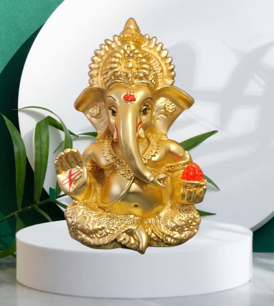Gold Art India Gold Plated Satin Ganesha/Vinayaka/Vinayagar/Pillayar Idol - Versatile Car Dashboard and Home/Office Decor (MUKUTSATINGOLD 3.5")