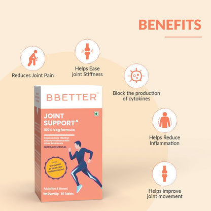 BBETTER Joint Support Supplement | 100% Veg Formula with Glucosamine Chondroitin MSM To Manage Joint Pains & Inflammation | Boswellia & Rosehip for Cartilage & Muscle Health - 60 Tablets