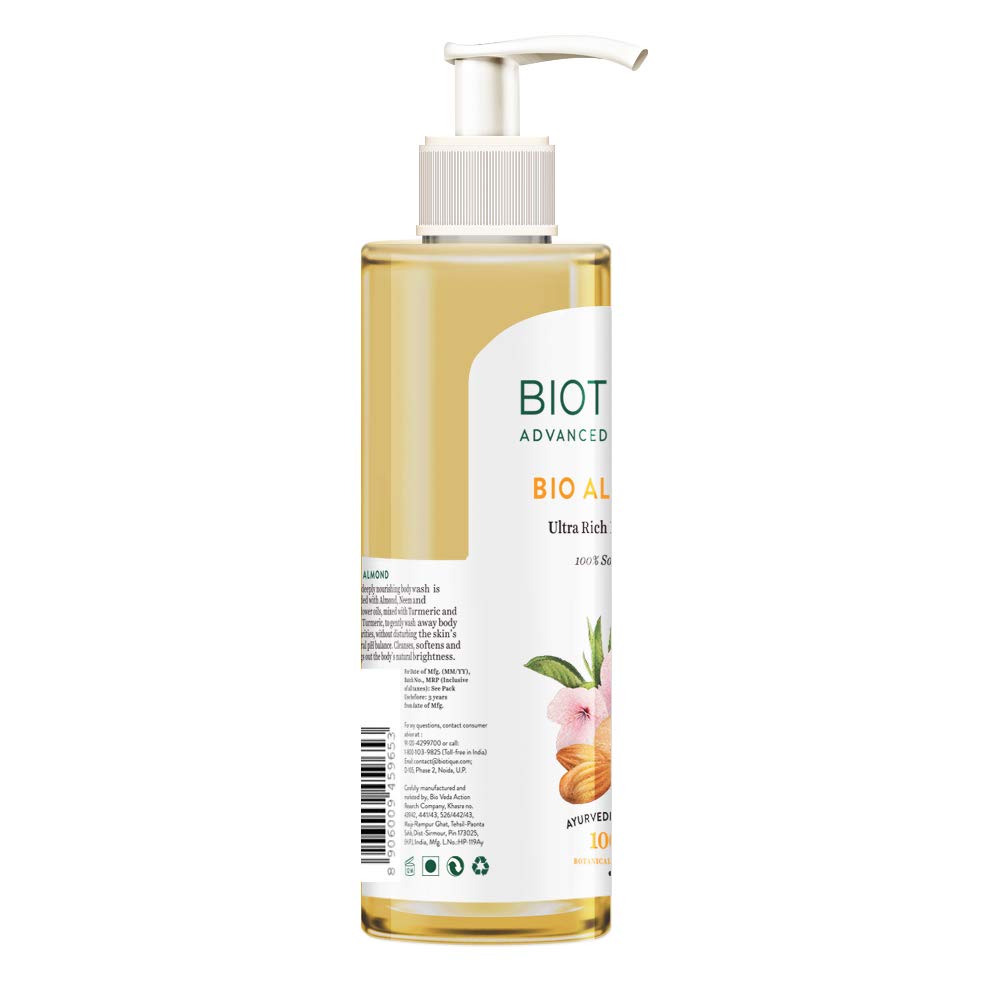 Biotique Almond Oil Ultra Rich Body Wash| Maintains Skin’s Natural pH |100% Botanical Extracts| Soap-Free Body Wash Suitable for All Skin Types | 200mL