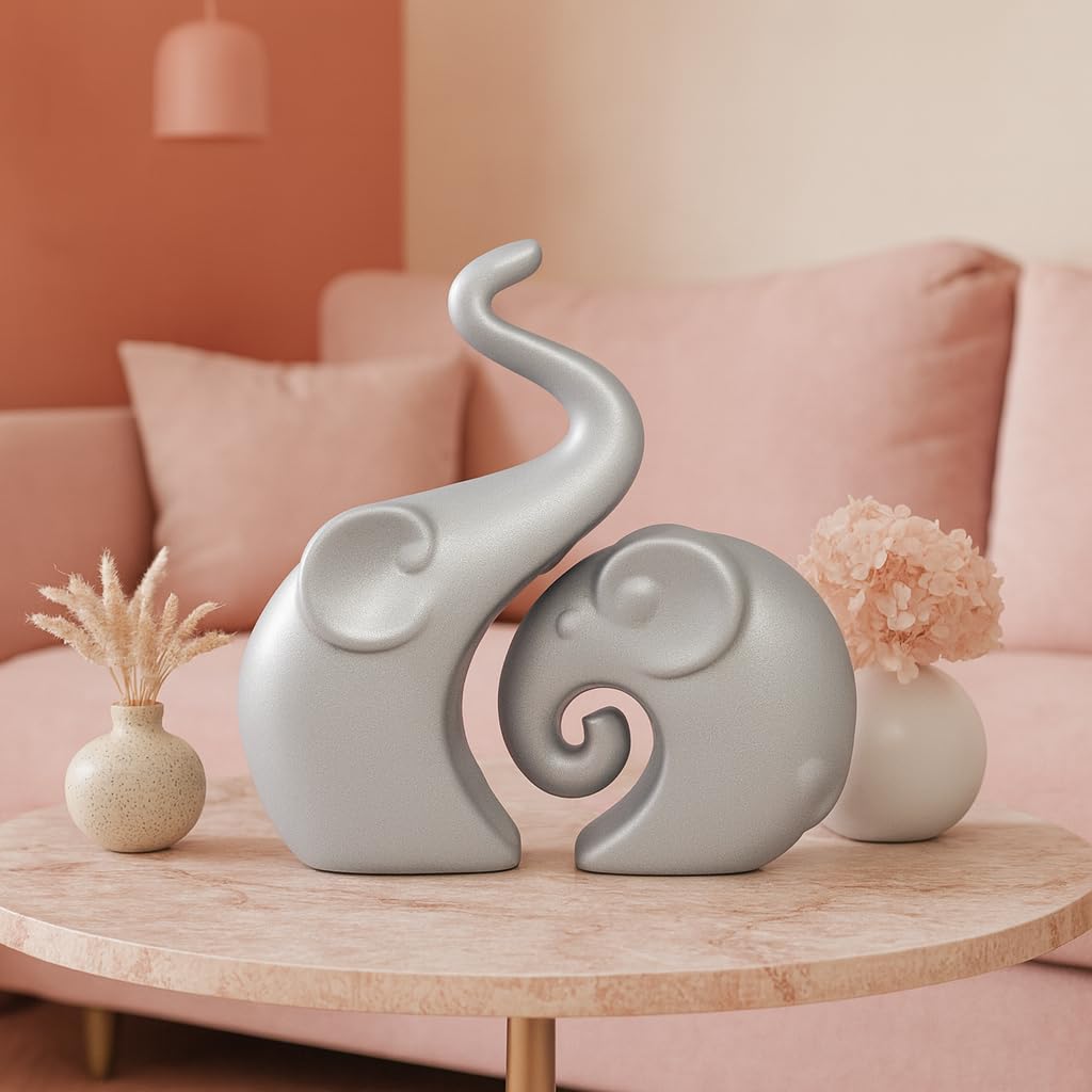 Muted Metallic Matte Silver Home Decor Elephant Couple Ceramic Figurines | Launched for the First time in India - (Set of 2, Silver)