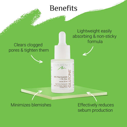Skincare serum bottle with green background and text highlighting benefits