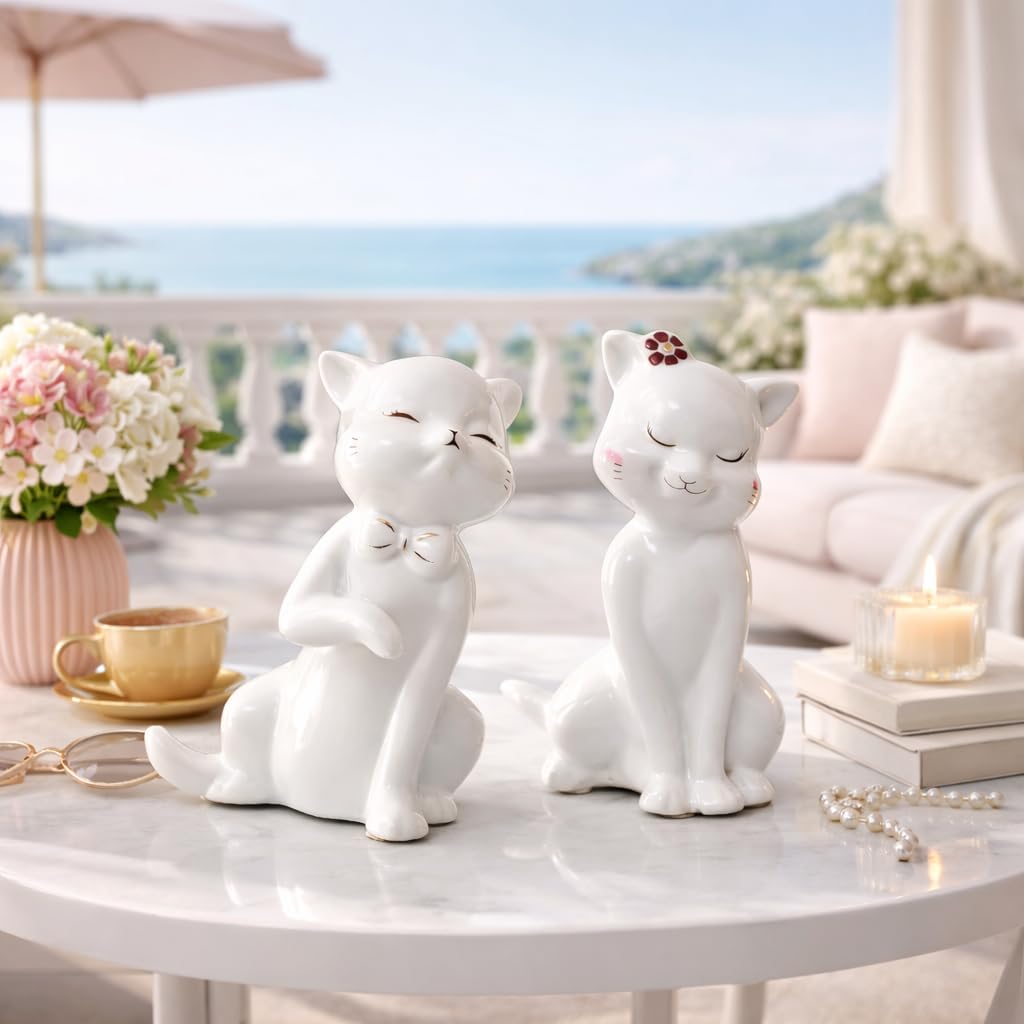 Charming Ceramic Cat Couple Figurines for Home Décor | Minimalist Cute Showpieces for Living Room, Bedroom, Shelf & Gifting (White, 14 cm, Set of 2)