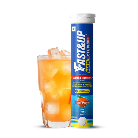 Fast&Up Man Extend Fizzy Peach supplement with a glass of peach iced tea on a white background