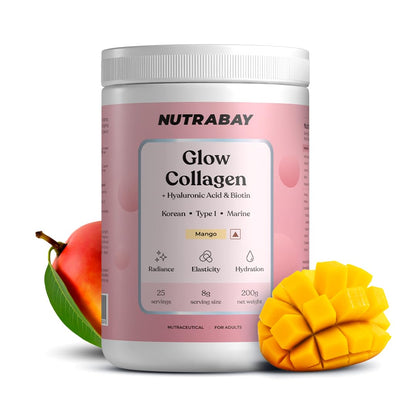 Nutrabay Glow Collagen supplement container with mangoes on a white background
