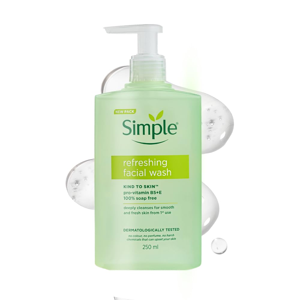 Simple refreshing facial wash bottle with pump on a white background