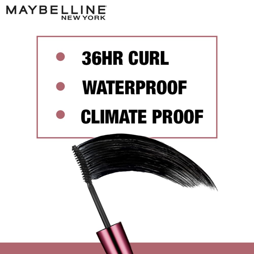 Maybelline New York mascara with text highlighting features on a white background