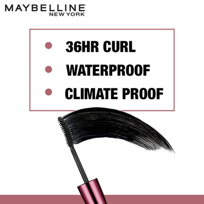 Maybelline New York mascara with text highlighting features on a white background