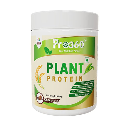 Pro360 Plant Protein Powder (Chocolate Flavor, 400g) - 100% Vegan, Lactose-Free, High Protein for Men & Women - Pea, Brown Rice & Green Tea Extracts