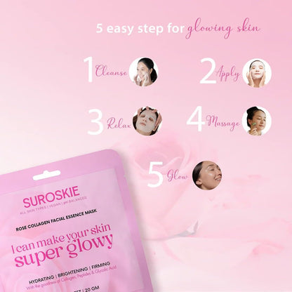 Suroskie Rose Collagen Facial Essence Mask – Korean Brightening Sheet Mask With Real Rose Extract & Anti-Aging Collagen | Intense Hydration, Firming Glow, Radiance Boost For Dull, Dry, Tired Skin