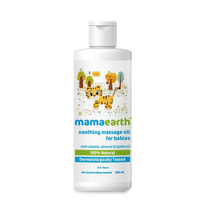 Mamaearth soothing massage oil for babies on a white background