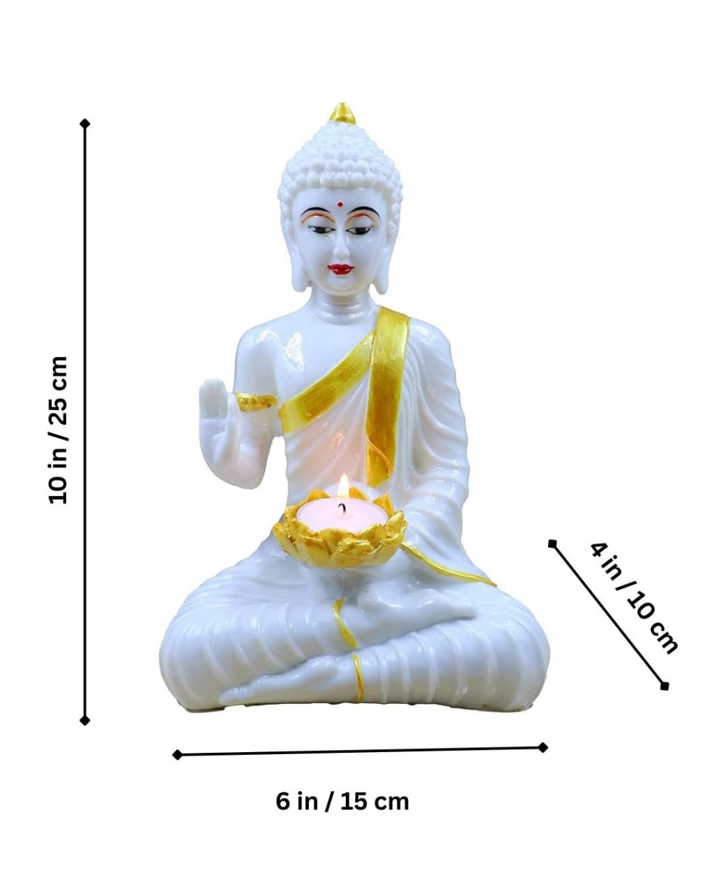 White Gold Buddha Sitting with TeaLight in Hand Polyresin Idol - Perfect for Living Room, Bedroom & Office Space Home Decor Wall Decoration Ideal Gifting (White Light Buddha)