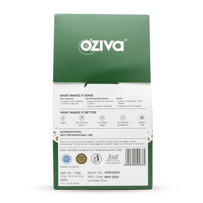 OZiva Biotin Hair Multivitamins Gummies For Stronger,Fuller,Shinier Hair|Hair Gummies With Keratin Builder,Iron&Vitamins B9,B6&D|Raw Mango Flavour|No Added Sugar (Pack Of 1,30 Gummies)