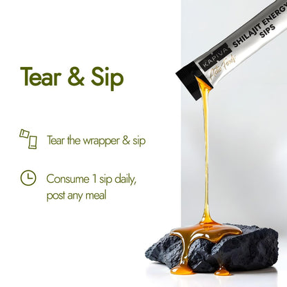 Kapiva Shilajit Energy Sips | With 100% Pure Shilajit/Shilajeet | 250mg Shilajit/Stick | Boosts Energy & Stamina | 30 Sachets | Ginger Honey Flavour