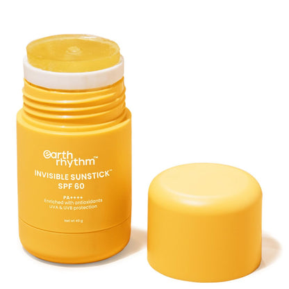 Earth Rhythm Sunstick SPF 60 PA+++ Invisible Sunscreen | Water Resistant, No White Cast, Lightweight I Almond Oil, Jojoba Oil & Vitamin E | Suits all skin types | Women & Men - 40 gm