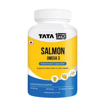 Tata 1mg Salmon Omega 3 Fish Oil Supplements 1000mg Capsules | Triglyceride form | 180mg EPA & 120mg DHA | High Absorption for Heart,Brain & Joints | Helps Manage Cholesterol