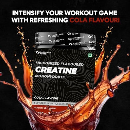 Creatine monohydrate supplement with cola flavor packaging surrounded by cola splashes on a black background.