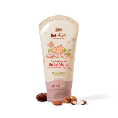 Nat Habit Baby Malai |Almond & Date| Baby Body Lotion & Moisturizer for Deep Nourishment & Skin Barrier Protection | 100% Natural, Chemical-Free Baby Cream | 120ml