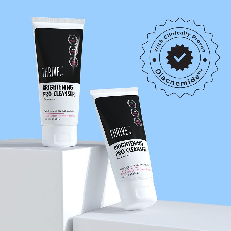 Two tubes of Thrive Brightening Pro Cleanser on a light blue background with a badge indicating clinically proven efficacy.