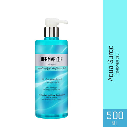Dermafique Aqua Surge Shower Gel 500ml | 24 hr hydration, No Paraben/SLS, Pro Vitamin B5 & NMF | Sensitive, Dry, Oily, Normal Skin | Clinically & Dermat Tested on Indian skin | Body Wash for Women & Men