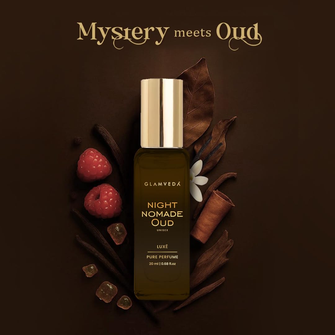 Glamveda Night Nomade Oud Luxury Pure Perfume for Unisex 20ml | Long-Lasting Fragrance | with Raspberry, Ambergris, Oud and Vanilla | Floral & Fruity Premium Perfume for Men & Women