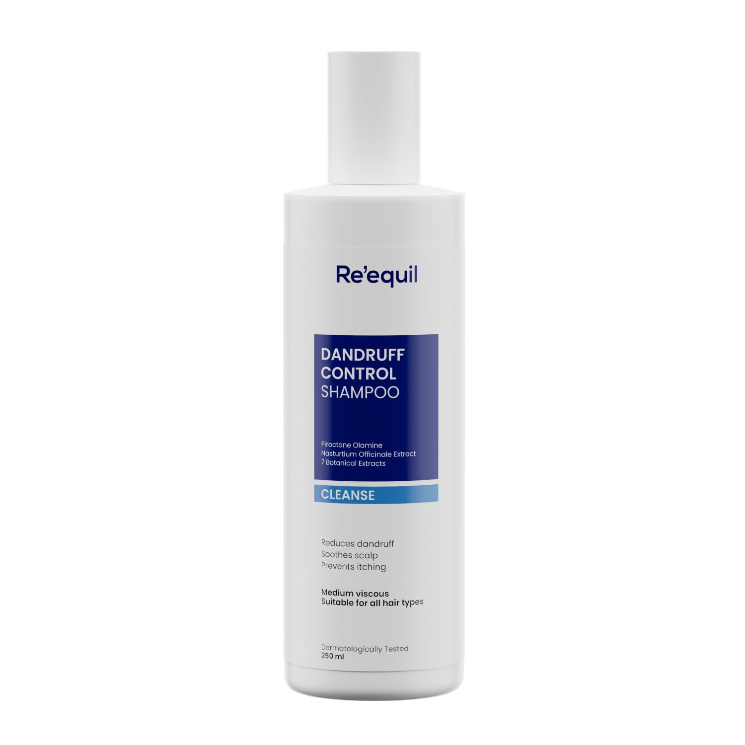 Re'equil dandruff control shampoo bottle on a white background