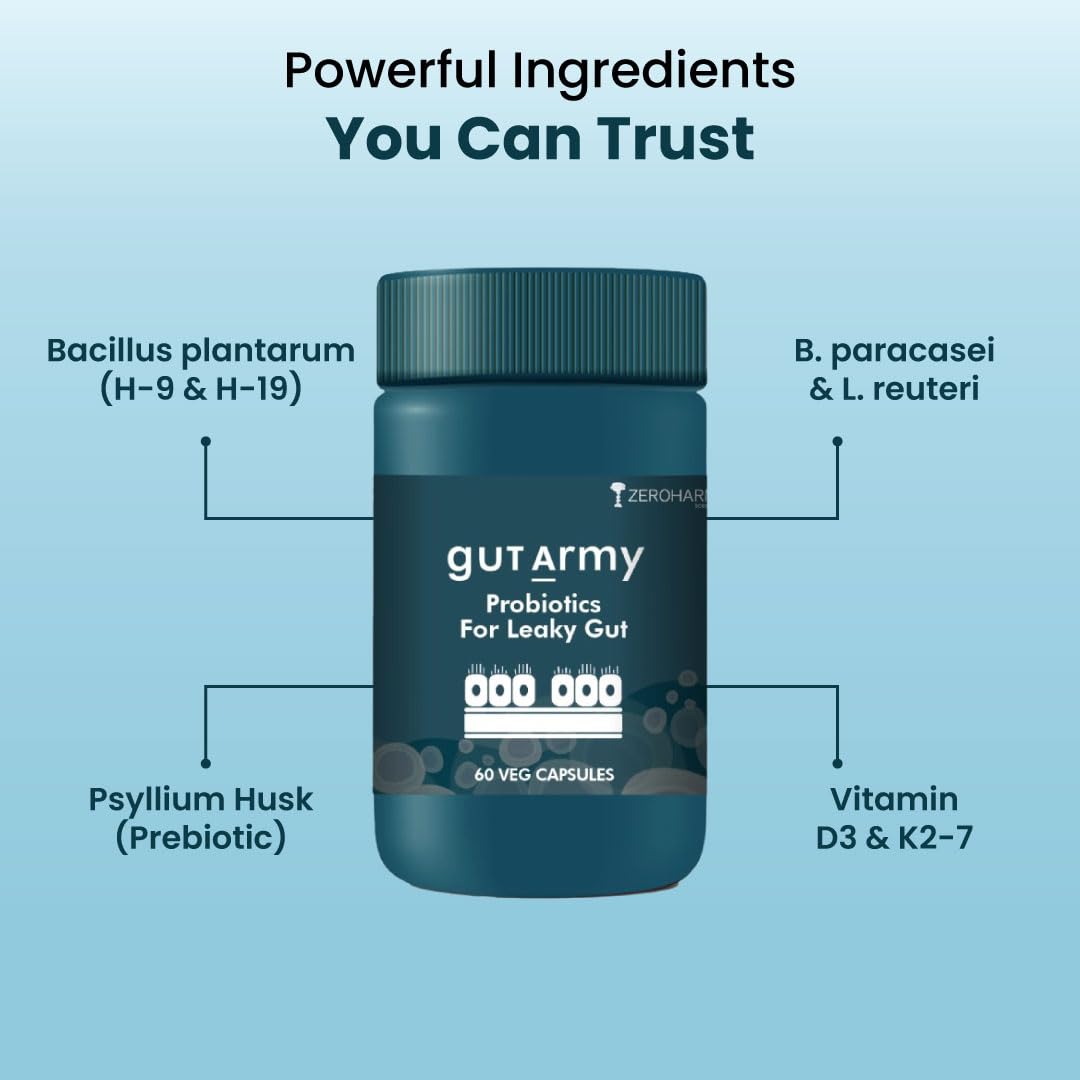 ZEROHARM Gut Army Probiotics For Leaky Gut | Gut Repair Supplements for Men & Women | L Reuteri, Lactobacillus | Supports Gastrointestinal Lining, Gut Cleanse & Digestion | 60 Veg Capsules