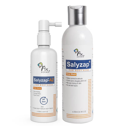 Fixderma Salyzap 2% w/w Salicylic Acid Acne Body Wash 200ml and AZ Acne Body Spray 100ml